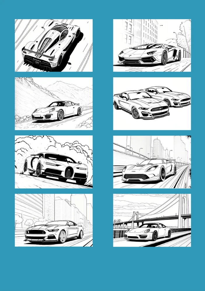 Eight black-and-white supercar design previews on the back cover of Amazing Supercars