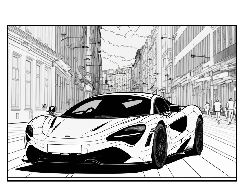 Supercar on a city street colouring-page preview