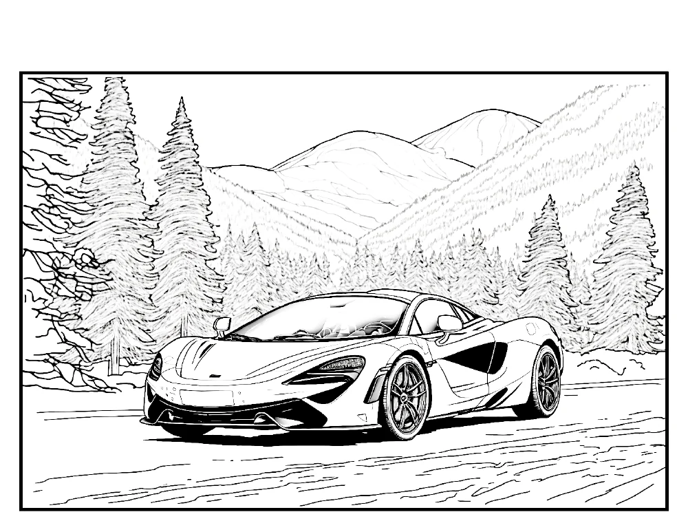 Supercar on a forest road colouring-page preview