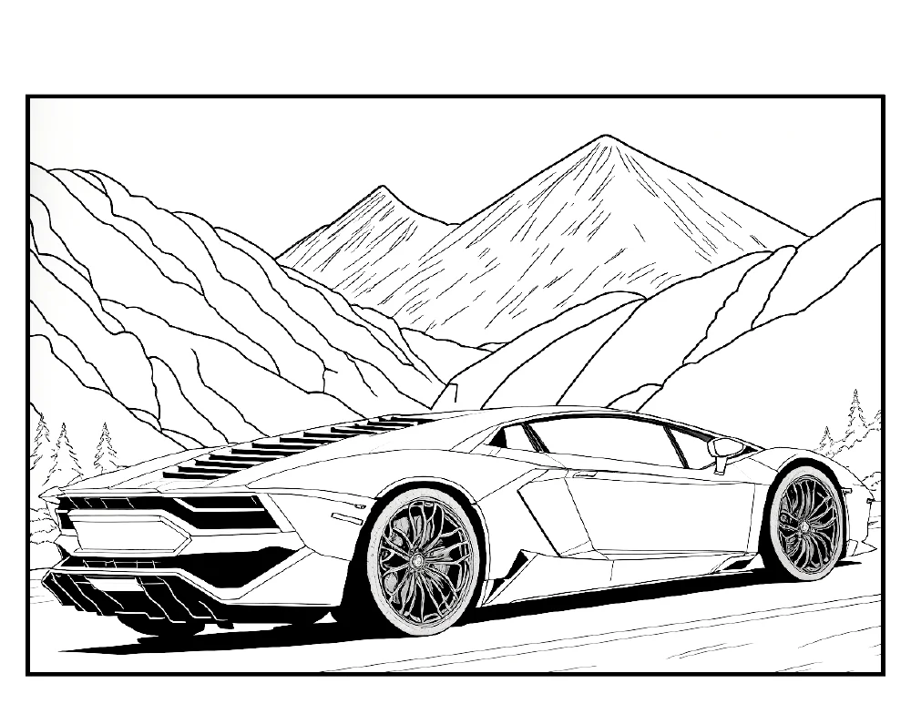 Supercar in the mountains colouring-page preview